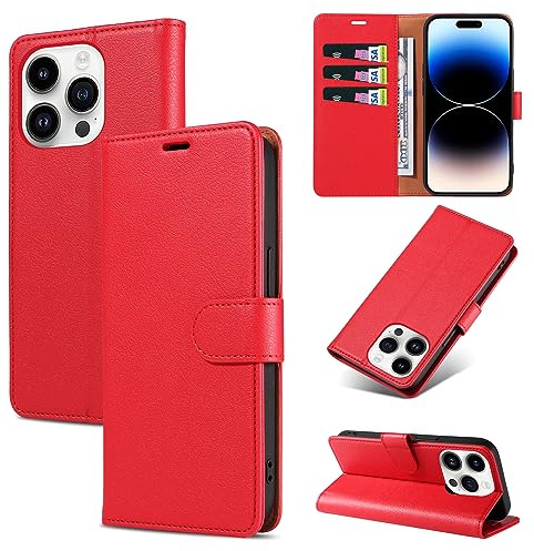 KKEIKO Coque pour iPhone 14 Pro, Antichoc Magnetique Étui à Rabat avec Porte Cartes, Portefeuille Housse en Cuir PU Coque pour iPhone 14 Pro, Rouge