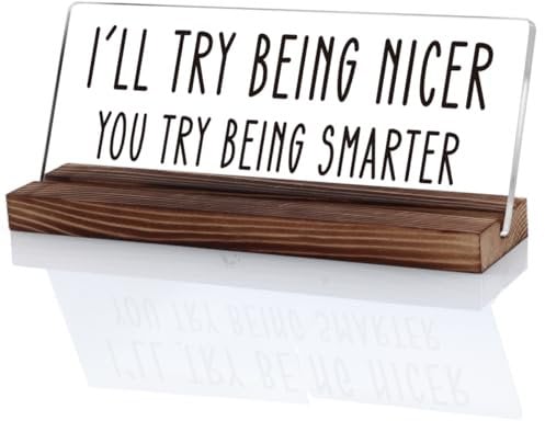 OCCdesign Funny Office Desk Sign Gifts For Coworkers, Work Humor Office Decor Accessories, I'll Try Being Nicer You Try Being Smarter Sign Plaque Decor for Office