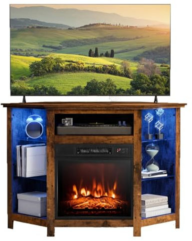 GiantexUK Electric Fireplace Insert TV Stand, Corner Console Entertainment Center with 19” Electric Fire, 16-Color LED Lights, Smart APP Control & Overheat Protection for 50” TVs, 2000W (Rustic Brown)