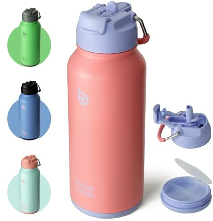 BOTTLE BOTTLE Insulated Water Bottle 950ml(32oz) Stainless Steel Sports Water Bottles with Straw Dual-use Lid Drink Flask Design for Gym with Pill Box (Lavender Dream)