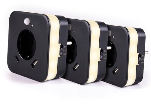 LED-Nachtlicht mit Bewegungsmelder und Steckdose, 2x USB 2.4A, weiß, automatischer Lichtsensor, GS (geprüfte Sicherheit) (3 Stück [mit USB-C | ANTHRAZIT])