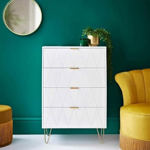 B12 Embossed Loft Studio 4 Drawer Chest Plenty of Space Inside To Store a Whole Range of Clothing Items Featuring Gold Finish Metal Legs.- White