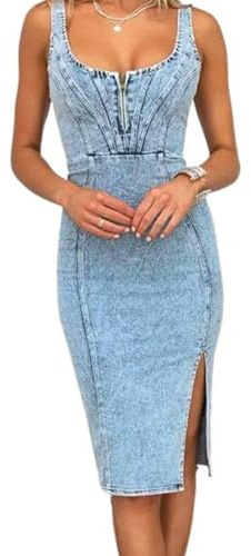Damen Jeanskleid, ärmellos, Seitenschlitz, figurbetont, Midi-Jeans, U-Ausschnitt