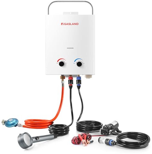 GASLAND AS132 Pro-DE Calentador de agua de gas portátil, 50 mbar (butano o propano), calentador de agua de gas de 5 litros lpg con bomba de agua y colador de tubos para RV, camping, ducha, lavado de