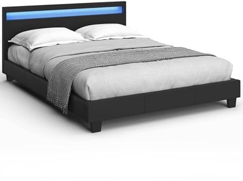 IDMarket - Lit Double Neo avec tête de lit LED intégrées et sommier 140 x 190 cm PVC Noir