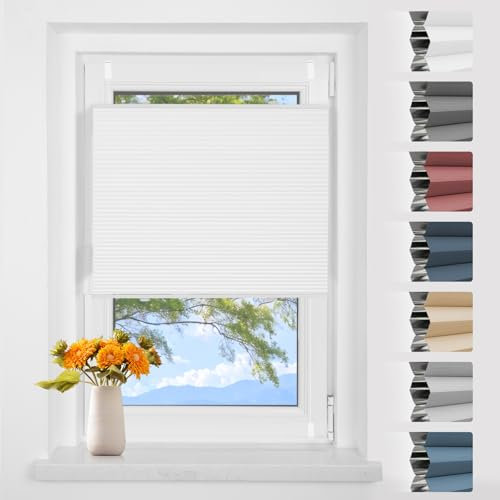 Wabenplissee Plissee Klemmfix ohne Bohren Verdunkelung Zweifarbig Weiß-weiß 85x130cm(BxH) Thermo Verdunklungsplissee für Fenster 100% Blickdicht,Schallschutz und Wärmehaltung