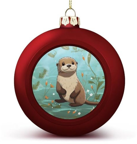 Rote Weihnachtsschmuck, Cartoon, niedlicher Otter, bedruckte Weihnachtskugel, matt, mit Seil zum Aufhängen, kann für Festival und Hochzeitsfeier verwendet werden