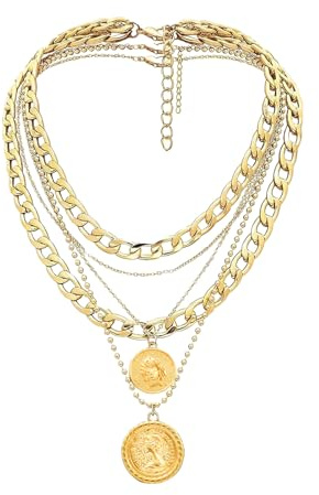 GAUEIOUR Punk Chunky Chain Necklace,Multi-Layered Engraved Medallion Queen Elizabeth Coin Pendant, Hip-Hop Style, Exaggerated Cuban Necklace