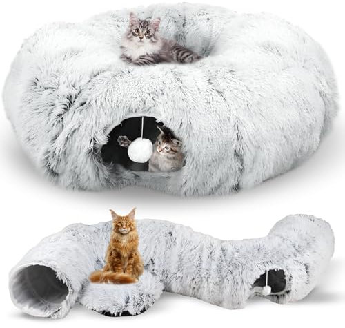 Cuccia Gatto con Tunnel Per Gatti, Grande tunnel per gatti da interni, Tunnel per Gatti Grandi, Tunnel Rotondo in Peluche, Grigio Chiaro