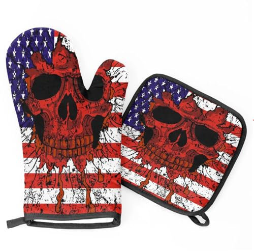 Vintage USA Flag Skull Oven Mitts Heat Resistant Oven Mitts and Pot Holder Insulated Non Slip Oven Glove 2 Piece for Cooking Baking Grill