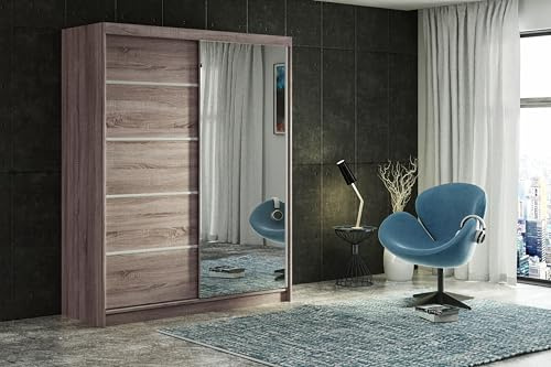 ELUKS CARLI Modern Sliding Door Wardrobe with Mirror, 2 or 3 Doors, 4 colours: WHITE/BLACK/OAK/GREY 5 sizes: 100cm/120cm/150cm/180cm/200cm (Oak, 150cm no Drawers)