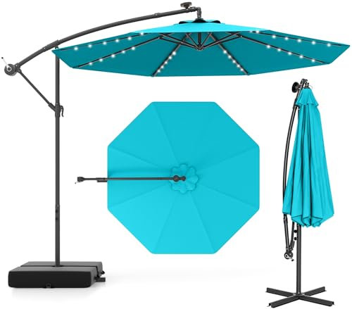 GOPLUS Sombrilla Jardín Ø 3m con 40 Luces LED Solares, Parasol Excentrico Inclinable con Manivela, Base Saco de Arena, Protección UV, Impermeable, Sombrilla Terraza Exterior Grande Piscina (Turquesa)