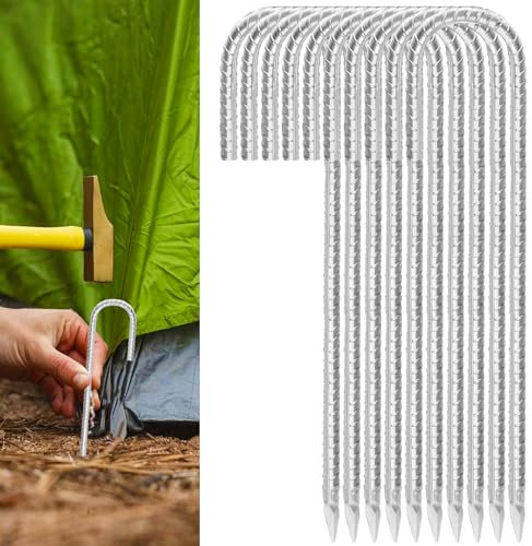 Rebar Stakes 16 Inch,J Hook Heavy Duty Galvanized Ground Anchors Rebar Tent Stakes 10 Pack for Fence Tent Bounce House Outdoor Plants Artificial Turf Dog Chicken Coop Christmas Deer Wood Piles
