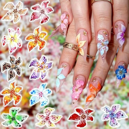 Lot de 30 breloques en forme de fleur de lys multicolores pour ongles - Pour le printemps et l'été - Cristal glacé en relief - Dégradé de couleur - Fleurs de lys - Résine - Points - Fleurs de pétales