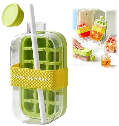 Eiswürfelflasche mit Strohhalm, 2-in-1-Wasserflasche, Eiswürfelform mit Deckel und Behälter, One-Touch-Eisfreigabe und kein Berühren, Eiswürfelflasche für Gefrierschrank, Kaffee, Saft und Getränke