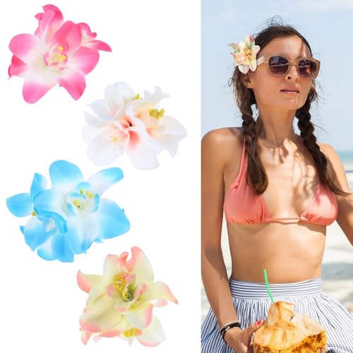 4Pcs Flower Hair Clips, Artificial Flower Hairpin, Boho Artificial Tropical Hair Pin, Hawaiian Hairpin for Seaside Holiday, Bridal Bobby Pins Headwear for Women Girls (Rose, Blue, Pink, Beige)
