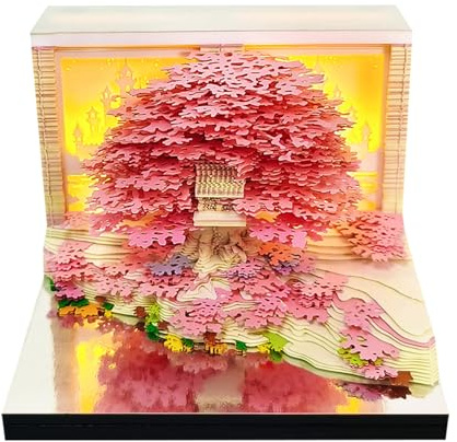 Calendrier de bureau 3D 2026 - Motif cabane d'arbre - Papier sculpté - Bloc-notes - Cadeau pour Noël, pendaison de crémaillère, décoration de bureau (avec lumière LED)