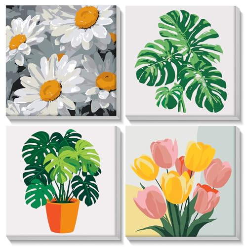 AIRDEA 4 Pack Bold Botanicals Paint by Numbers for Adults Beginners with Wooden Frame, Painting by Numbers for Beginners, Simple DIY Painting Acrylic Oil Canvas Kit 8x8 inch