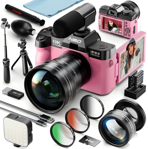 8K Digital Cameras for Photography, 64MP vlogging Camera with 180°Flip Screen，2 Batteries, 64GB TF Card，16X Zoom, WiFi, 3 Color Filters,Microphone, Tripod, Wide & Macro Lens Kit (Pink)