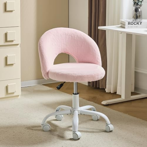 Bonnlo Chaise de Bureau Esthétique sans Accoudoirs, Petite Chaise Confortable, Fauteuil de Coiffeuse avec Support Lombaire, Chaise Pivotante pour Bureau, Chambre, en Fourrure de Lapin, Rose