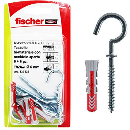 fischer 537633 Dübel mit offener Öse Duopower, grau/rot, 6 x 30 mm, 6 Stück