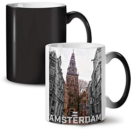 Wellcoda Amsterdam Uhr Turm Farbwechselbecher, Niederlande Tasse - Großer, Easy-Grip-Griff, Wärmeaktiviert, Ideal für Kaffee- und Teetrinker