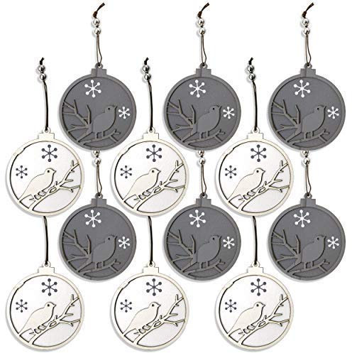 by Robelli Shabby Chic Legno Albero di Natale da Parete Ciondolo Bagattelle Decorazioni - 12 x Grigio e Bianco Figura Uccellini, White