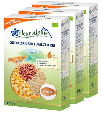 FLEUR ALPINE Bio 3-Korn-Getreidebrei milchfrei - Babybrei für köstliches Frühstück, Nahrhafter & einfach zuzubereitender glutenfreier Brei, Babynahrung nach dem 6+ Monate ohne Zuckerzusatz, 3x7 Port.