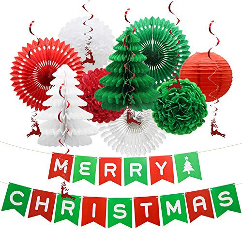 Frohe Weihnachten Banner Party Dekorationen hängende Papierfächer Pom Poms Blumen Papierlaternen Weihnachtsbaum Wabenbälle Xmas Hirsch hängende Wirbel für Geburtstag Hochzeit Silvester Party Decor
