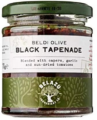 Belazu Black Olive Tapenada 170 g – reichhaltige, schwarze, natürlich gereifte Beldi-Oliven gemischt mit Kapern, Knoblauch und getrockneten Tomaten, um eine umamireiche Paste herzustellen.