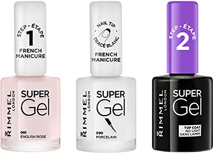 Rimmel London Set Smalti Unghie French Manicure, Nail Polish Effetto Gel a Lunga Durata, 001 Top Coat, 090 Porcelain, 091 English Rose