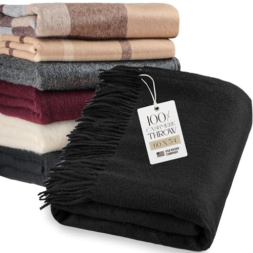 Velanio Cashmere 100% Cashmere Throw Blanket with Fringe 60 x 54 Inch Super Soft Warm for Home, Travel Sofa Bed |(Black)