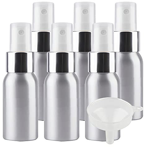 TIANZD 6 Pcs 60ml Empty Silver Aluminium Fine Mist Spray Bottle with White/Silver Metal Spray Head Refillable Travel Alu Bottles for Body Sprays, Room Fragrances, Perfumes, Hair, Garden, Funnel