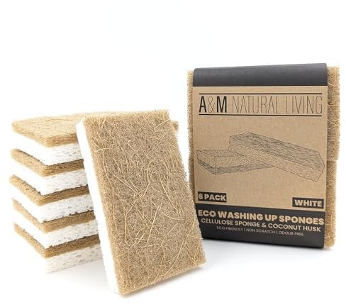 A&M Natural Living Eco Sponge Pack of 6, White Compostable Biodegradable Washing Up Sponge with Coconut Husk Scourer Pad