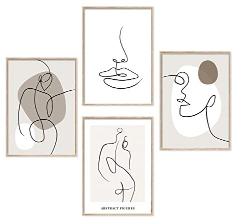 Tibimon Poster Set Modern Wandbilder Set - OHNE Rahmen - 4 Poster - Bild für Schlafzimmer Wohnzimmer Wand Home Deko Wanddeko - Abstrakte, Kunst, Line, Beige (4xA4)