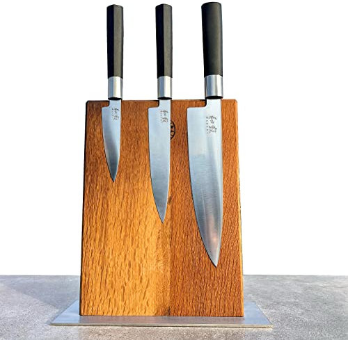 Exclusivo juego de cuchillos | 5 cuchillos KAI Wasabi Black + bloque magnético hecho a mano de barriles de vino antiguos (juego de 5)