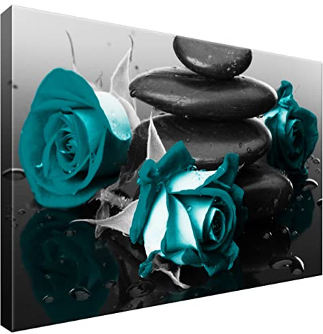 Estika Leinwand bilder - Türkis Rosen auf Spa-Steinen - 60x40 cm, 1 teilige kunstdruck - Wandbilder wohnzimmer, schlafzimmer, Moderne wanddeko, Bild auf leinwand - Blumen bilder - 2553A_1E