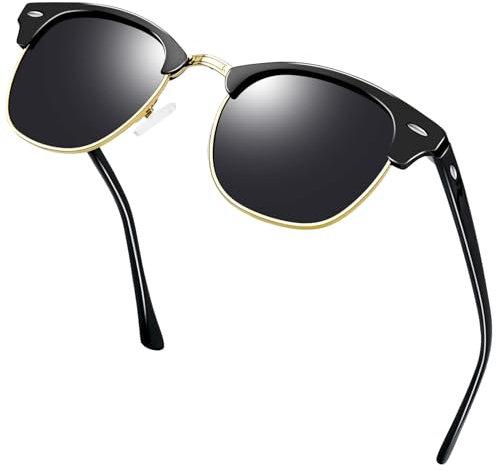 KANASTAL Halbrahmen Sonnenbrille Herren und Damen Klassische Retro Polarisiert Halbrand Sonnenbrille UV400 Schutz mit Metallrahmen, Schwarz Gold Rahmen Schwarz Gläser
