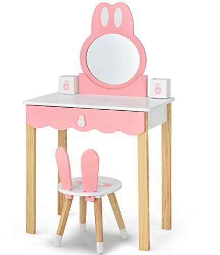 COSTWAY Kinder Schminktisch mit Hocker, Prinzessin Schminkkommode Frisiertisch mit Spiegel Schubladen & Aufbewahrungsbox, Make up Schminktisch Frisierkommode für Mädchen Kinder (Weiß)