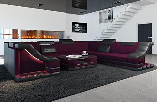 Stoff Wohnlandschaft Bianchi - mit LED Beleuchtung, verstellbare Kopfstützen, Mikrofaser/Ausrichtung wählbar (Lange Seite rechts, Schwarz-Lila)