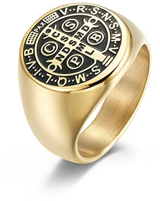 RobertDTesta Männer St. Benedikt Exorzismus Medaillon Ring, Katholische Exorzismus Kreuz Edelstahlring,Gold,9