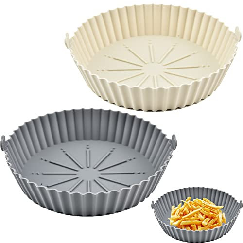 Omoojee Air Fryer Silicone Liners, 2 Pcs Reusable Round Silicone Baskets, 6.3 Inch for 2 to 2.6 QT Food Safe Kitchen Replacements (Gray+Beige)