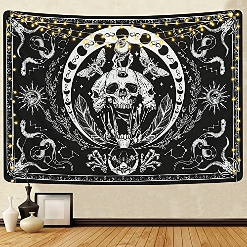 Yugarlibi Skelett Wandteppich, Schädel Schwarz Wandbehang Schlange Motte Wandtuch Ästhetik Wandkunst-dekor Hippie Tapisserie für Schlafzimmer Wohnzimmer, 150x130cm