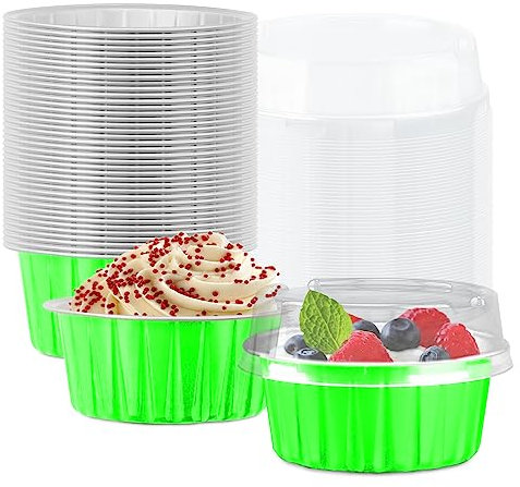 50 Pack Baking Cups with Lids, Aluminum Foil Cupcake Cups Muffin Liners, Disposable Foil Ramekins, Cupcake Holders Dessert Containers Mini Pudding Cups (Green)