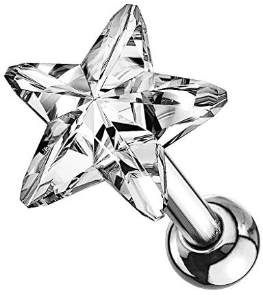 Taffstyle Piercing Stecker Stern Star Stud Strass Glitzer Zirkonia Kristall Ohr Cartilage Flach Tragus Helix Ohrpiercing Knorpel Barbell Stab mit Kugel Silber Clear