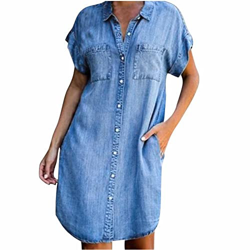 tsaChick Sommerkleid Damen Kurz Knielang Denim Kleid Mode 2023 Kurzarm Casual Jeanskleid Neue Reißverschluss Knopf Rundhals solide A-Linie Kleid mit Brusttasche vorne Frauen MäDchen Umstandskleider