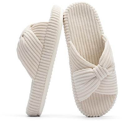 Chantomoo Tofflor för kvinnor minnesskum hus sovrum manchesterbåge korsband glidtofflor skor bekväma trendiga presenttofflor, BEIgE, 43/44 EU