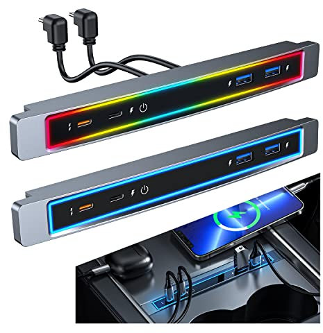 Shareway Tesla USB Hub mit blauem LED Licht/Sprachsteuerung Sieben Farben LED Licht Kompatibele Dockingstation der Mittelkonsole Smart Sensor für Tesla 2021 2022 2023 (Model 3/Y)