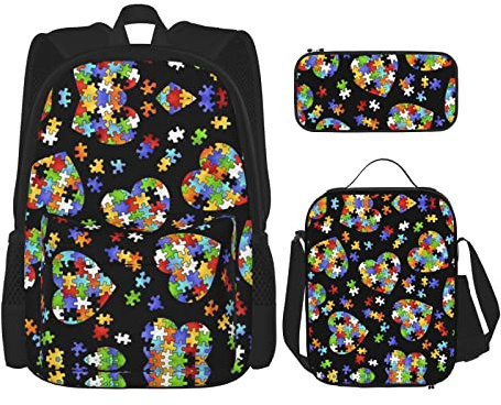 Lawenp Autism Awareness Puzzle Pieces Heart Schoolbag Set Of Three Cross Lunch Bag Pencil Bag Set Jungen- und Mädchenschultasche