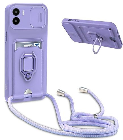 YFSYLL Handykette Schutzhülle kompatibel mit Xiaomi Redmi A1 / A2 4G Handyhülle mit Band,Silikon Handyhülle Case mit Schiebe Kameraschutz,360 Grad Ringhalter Stand,Kartenfach,Violett